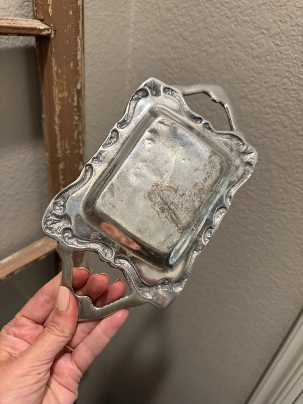 Vintage Decorative Silver-Tone Serving Tray with Handles